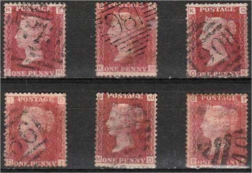 GB QV 6x 1d reds plates 92, 105, 112, 121, 150 & 165 fine  used