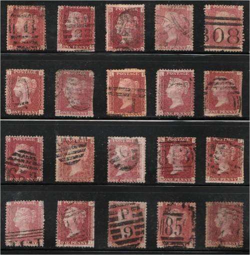 GB QV 20  1d reds  plate  150  mixed condition - for plating