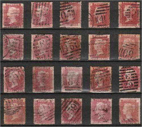 GB QV 20  1d reds  plate  122  mixed condition - for plating