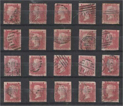 GB QV 20  1d reds  plate  84 mixed condition - for plating