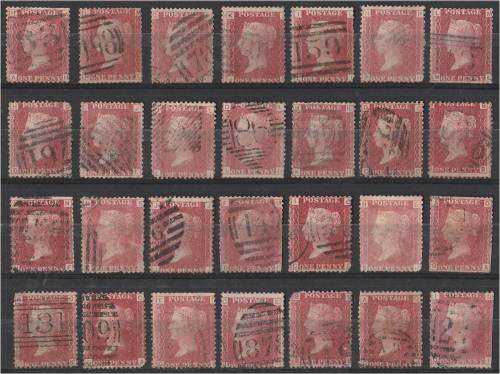 GB QV 28  1d reds  plate 96  mixed condition - for plating