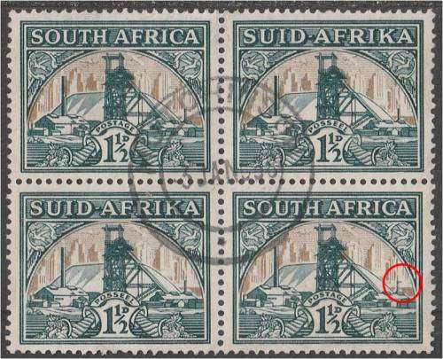 Union 1 1/2d SACC 57a Blx4 variety "Flag on Chimney" fine used