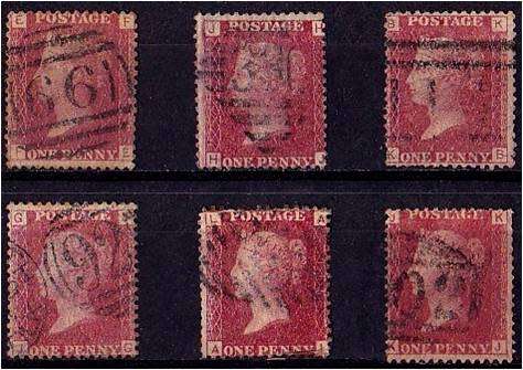 GB QV 6 x 1d reds Plates 95, 97, 99, 101, 105 & 108 good used