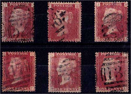 GB QV 6 x 1d reds plates 129-131 & 133-135  good used