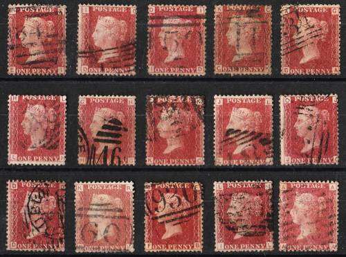 GB QV  15 x 1d reds unchecked plates good used