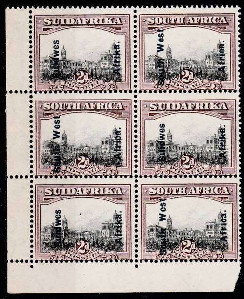 SWA Corner block of 6 2d O/Prt London prtg SACC 75 MNH
