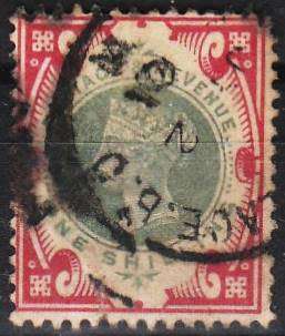 GB QV 1/- Green & carmine Jubilee issue SG 214 good used