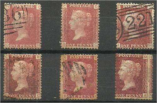 GB QV 6 x 1d reds Plates 110, 114, 117, 119, 147 & 204  fine used