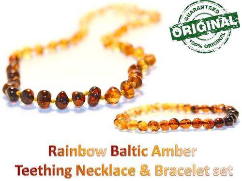 Rainbow  colour Baby teething Baltic Amber Bracelet & Necklace set-FREE SHIPPING OPTION