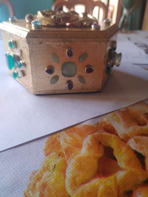 Luxury gilded, gem-encrusted trinket box - one-of-a-kind. Over 200 carats of gemstones.