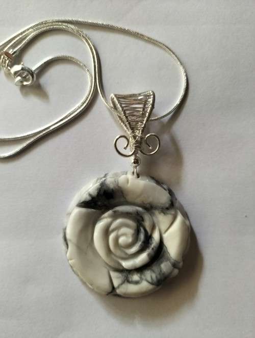RARE large Howlite flower pendant, silver. P31
