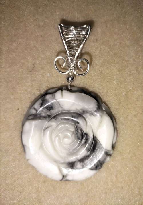 RARE large Howlite flower pendant, silver. P31