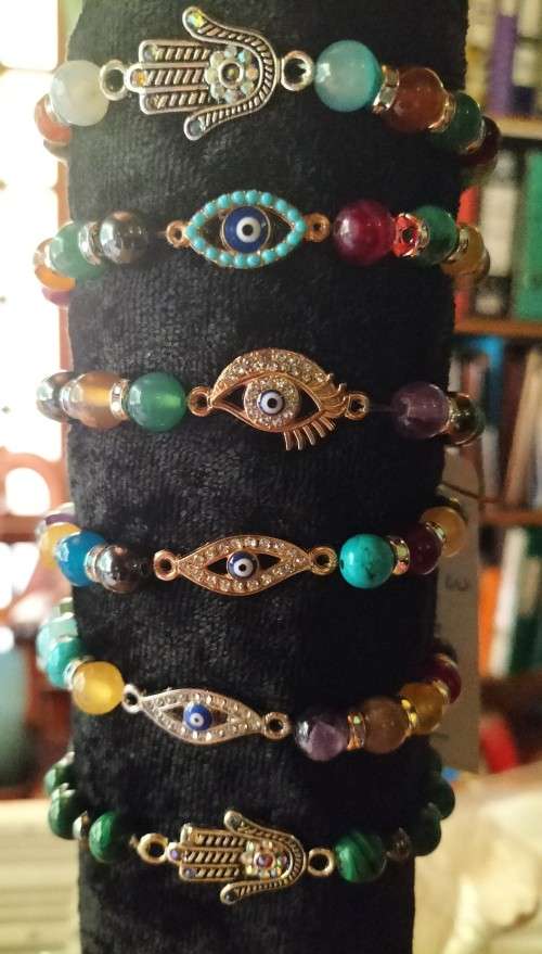 Gemstone protection bracelet w Evil Eye connector. B19