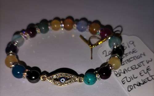 Gemstone protection bracelet w Evil Eye connector. B19