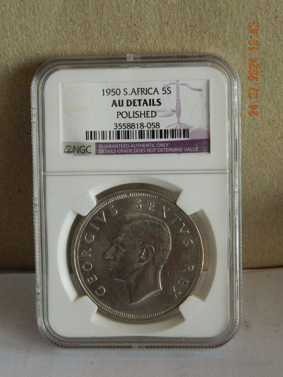 S. A. UNION  - 5 SHILLINGS -  1950  -  COIN ON DISPLAY   - POLISHED - AU DETAILS