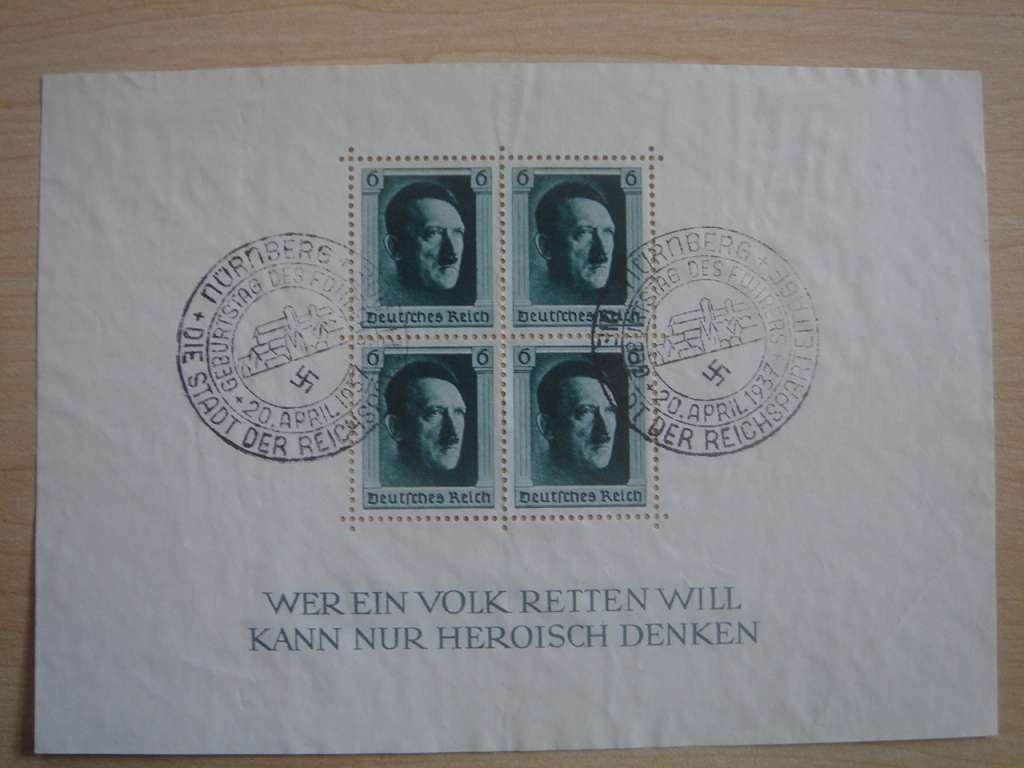1937 Deutsches Reich MiNr 646 in Block 7 used, stamped on 20 April in Nuernberg