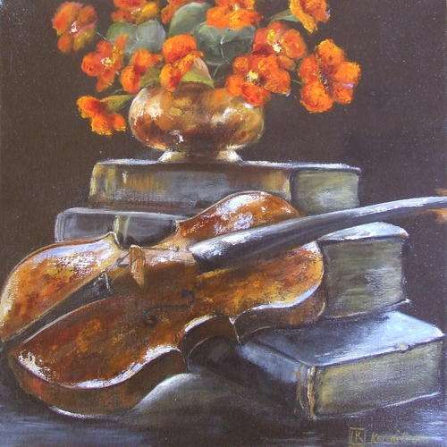 Violin and Nasturtiums by K Bester