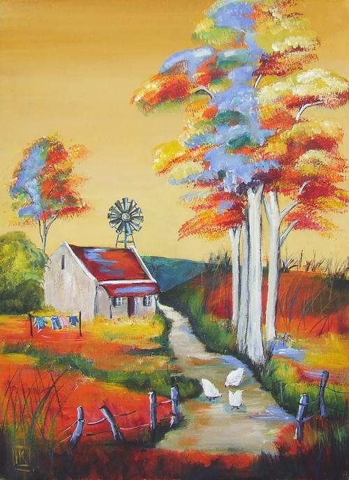 Farm Cottage - acrylic on canvas 400x300mm by K Bester