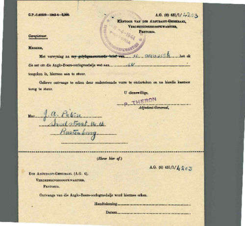 Anglo Boer War Medal (ABO) Burger JH Pieterse