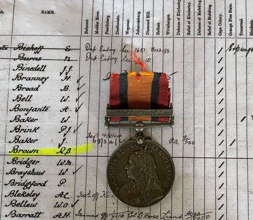 Queen South Africa Medal (QSA) to 579 Pvt RS Brown  D of E Own VR