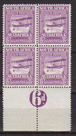 UNION SACC 27 6d 1ST AIRMAIL ISSUE NUMERICAL BLOCK OF 4 - 1 STAMP HINGED