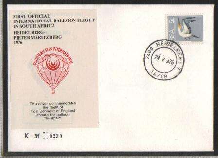 AVIATION 1976 FLIGHT COVER BALLOON FLIGHT HEILDELBURG TO PIETERMARITZBURG # K230