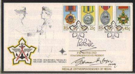 RSA 1984 MILITARY DECORATIONS FDC 4.10 SIGNED BY PW BOTHA & DESIGNER OF MEDAL