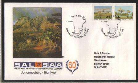 SA AIRWAYS (SAA) FLIGHT COVER # 73 JHB-BLANTYRE WITH STAMP # 1&2