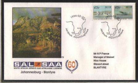 SA AIRWAYS (SAA) FLIGHT COVER # 73 JHB-BLANTYRE WITH STAMP # 21&22