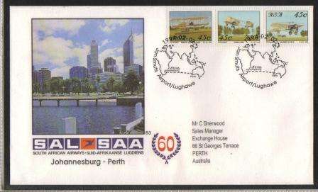 SA AIRWAYS (SAA) FLIGHT COVER # 83 JHB-PERTH WITH STAMP # 1&2&3