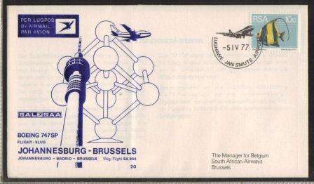 SA AIRWAYS (SAA) FLIGHT COVER # 20 - BOEING 747SP JOHANNESBURG - BRUSSELS 5/4/1977