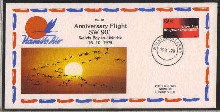 AVIATION - NAMIB AIR COVER #10 ANNIVERSARY FLIGHT WALVIS BAY-LUDERITZ - ENGLISH TOP ON STAMP