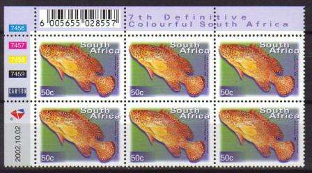 RSA 2002 7TH DEFINITIVE 50c FISHES MNH CONTROL BLOCK 7456-7459 OF 6 DATED 2002/10/02