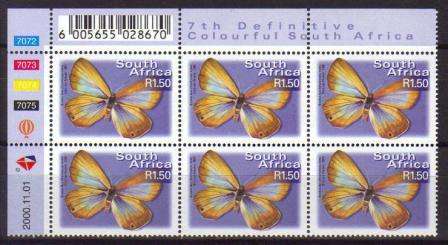 RSA 2000 7TH DEFINITIVE R1.50 BUTTERFLIES MNH CONTROL BLOCK 7072-7075 OF 6 DATED 2000/11/01