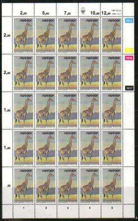 SWA 1987 3RD DECIMAL DEFINITIVE 50c MNH FULL SHEET REPRINT 1014/1017 GIRAFFE