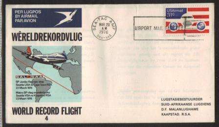 SA AIRWAYS (SAA) FLIGHT COVER # 4 - WORLD RECORD FLIGHT SEATTLE - CAPE TOWN
