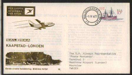 SA AIRWAYS (SAA) FLIGHT COVER # 18 - FIRST FLIGHT BOEING 747SP CAPE TOWN - LONDON