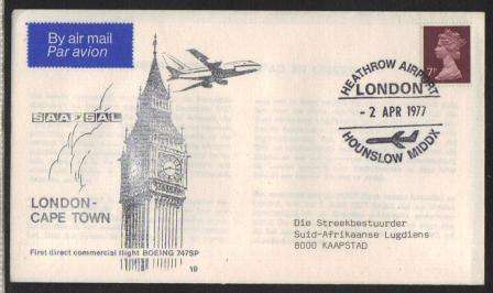 SA AIRWAYS (SAA) FLIGHT COVER # 19 - FIRST FLIGHT BOEING 747SP LONDON - CAPE TOWN