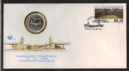 RSA 1994 MANDELA INAUGURATION FDC 6.3c WITH PROOF COIN AS ISSUED - VARIETY PARTIAL STEPS