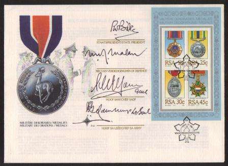 RSA 1984 MILITARY DECORATIONS FDC S12 SIGNED PRESIDENT PW BOTHA (2 DOTS), MIN DEFENCE & 2 CHIEFS