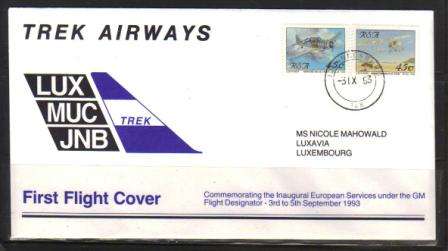 AVIATION - FLITESTAR FIRST FLIGHT COVER # 46 JNB/LUX 3-5/9/1993 - SELDOM OFFERED
