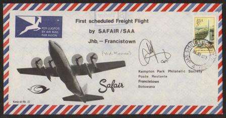 AVIATION - 1975 KEMPAIR FLIGHT COVER # 27 - 1ST FLIGHT SAFAIR/SAA JHB-FRANCISTOWN