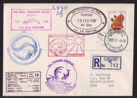 ANTARCTIC COM COVER - 1981 MV SA AGULHAS VOYAGE 18 REG POSTED OFF ANTARCTIC ICE SHELF 19/2/81