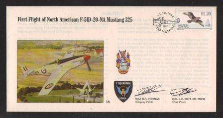 SA AIR FORCE (SAAF) FLIGHT COVER # AF18 - FIRST FLIGHT NORTH AMERICAN F-5ID-20-NA MUSTANG 325 SIGNED