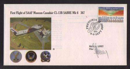 SA AIR FORCE (SAAF) FLIGHT COVER # AF20 - FIRST FLIGHT OF SAAF MUSEUM SABRE MK 6 SIGNED