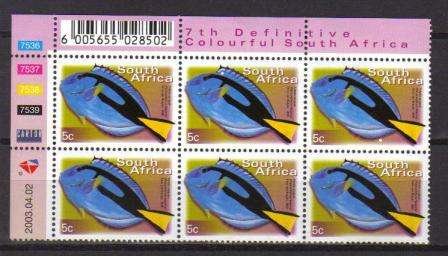 RSA 2003 7TH DEFINITIVE 5c FISHES MNH CONTROL BLOCK 7536 OF 6 DATED 2003/04/02