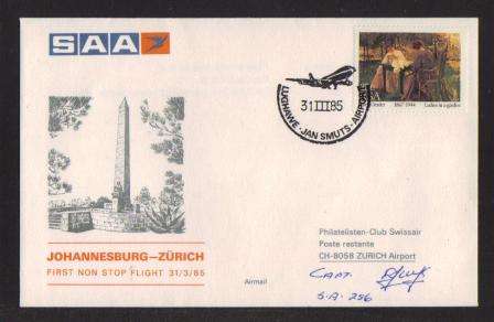 AVIATION - 1985 1ST SAA NON STOP FLIGHT JHB - ZURICH AIRPHILSA FLIGHT COVER # 100 SIGNED BY CAPTAIN