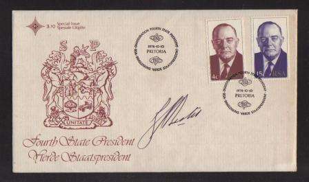 RSA 1978 STATE PRESIDENT BJ VORSTER FDC 3.10S SIGNED BY HIM
