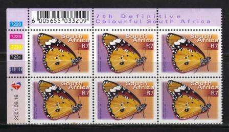 RSA 2001 7TH DEFINITIVE R7 BUTTERFLIES MNH CONTROL BLOCK 7228/7231 OF 6 DATED 2001/06/16