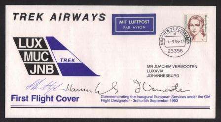 AVIATION - FLITESTAR FIRST FLIGHT COVER # 49 TREK AIRWAYS MUNICH - JHB SIGNED - SELDOM OFFERED